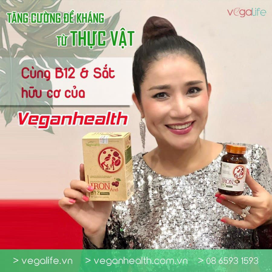 Nghệ sĩ Cát Tường cùng sản phẩm Veganhealth O’Veggies Iron And B12 và 20B Ginseng